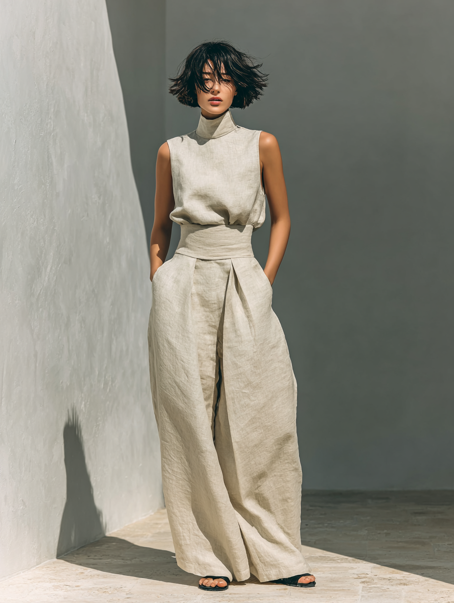 Inés | Conjunto minimalista de lino con top sin mangas y pantalón amplio