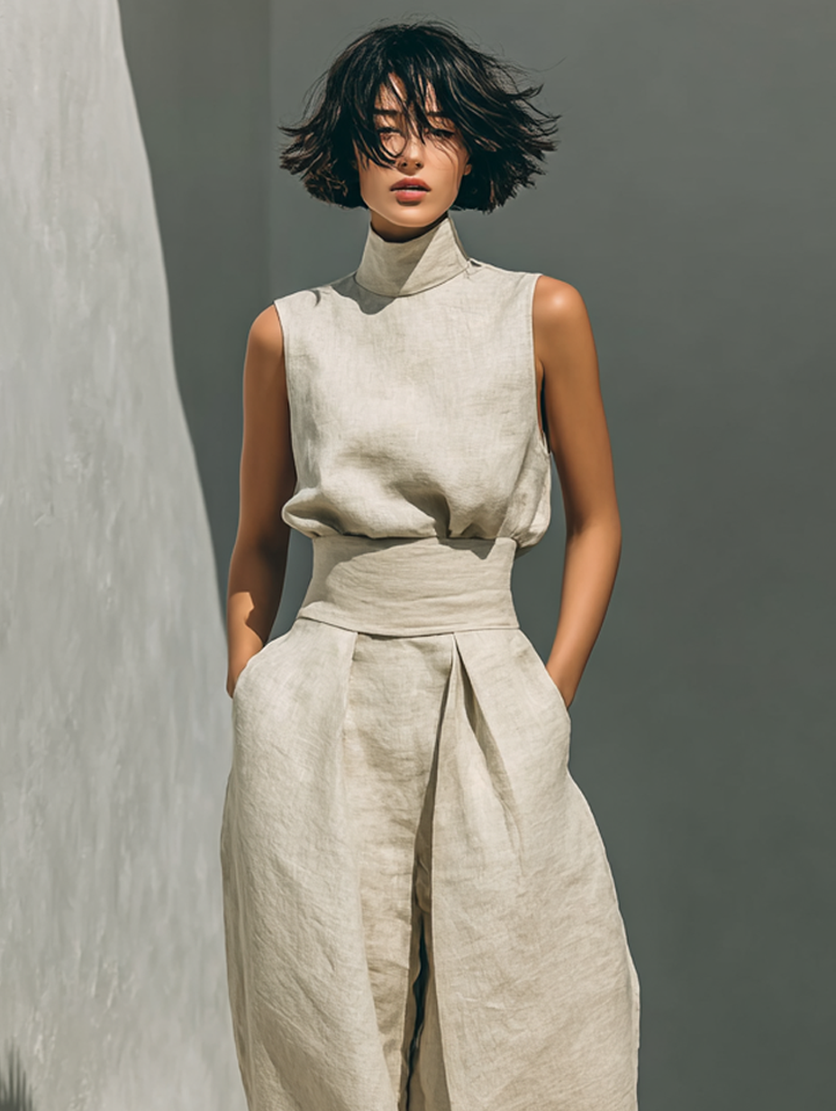 Inés | Conjunto minimalista de lino con top sin mangas y pantalón amplio