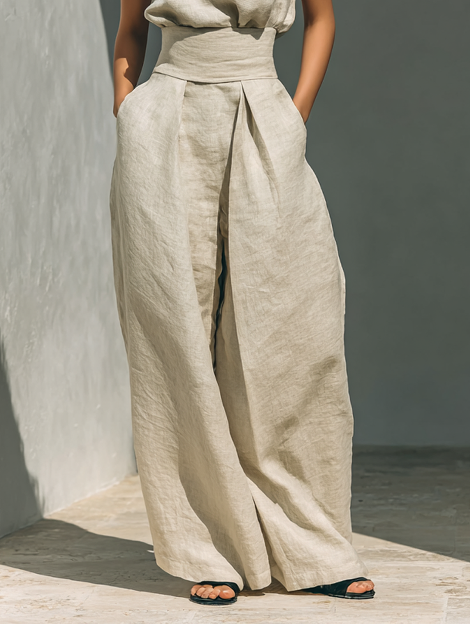 Inés | Conjunto minimalista de lino con top sin mangas y pantalón amplio