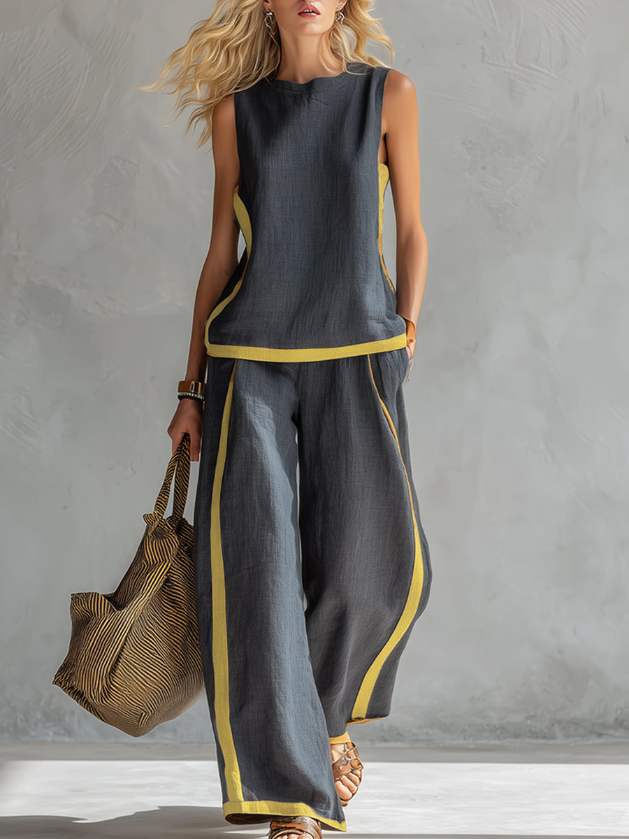 Natalia | Conjunto fluido gris con top sin mangas y pantalón ancho