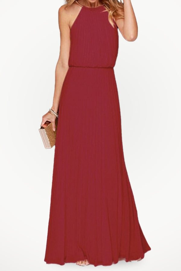 Vestido maxi plisado sin mangas con cinturón