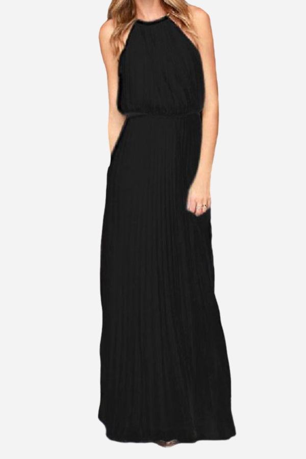 Vestido maxi plisado sin mangas con cinturón