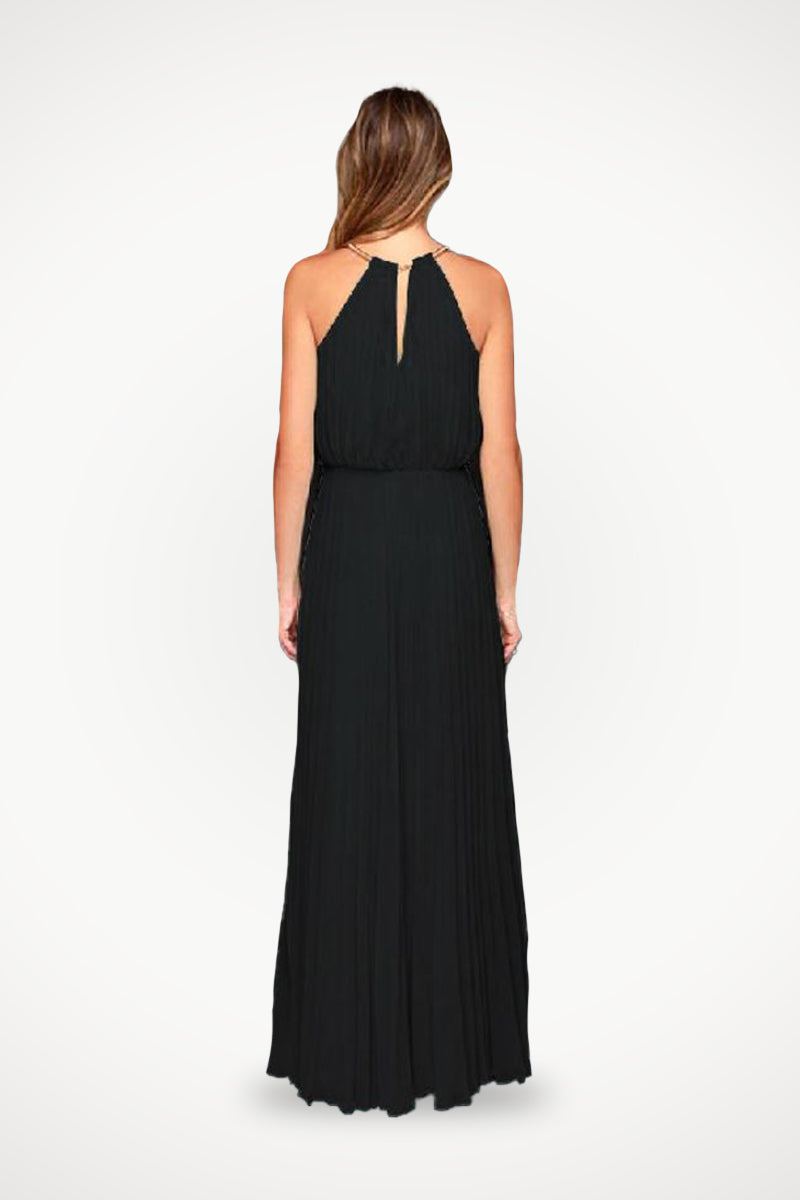 Vestido maxi plisado sin mangas con cinturón