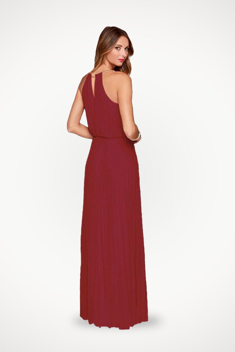 Vestido maxi plisado sin mangas con cinturón