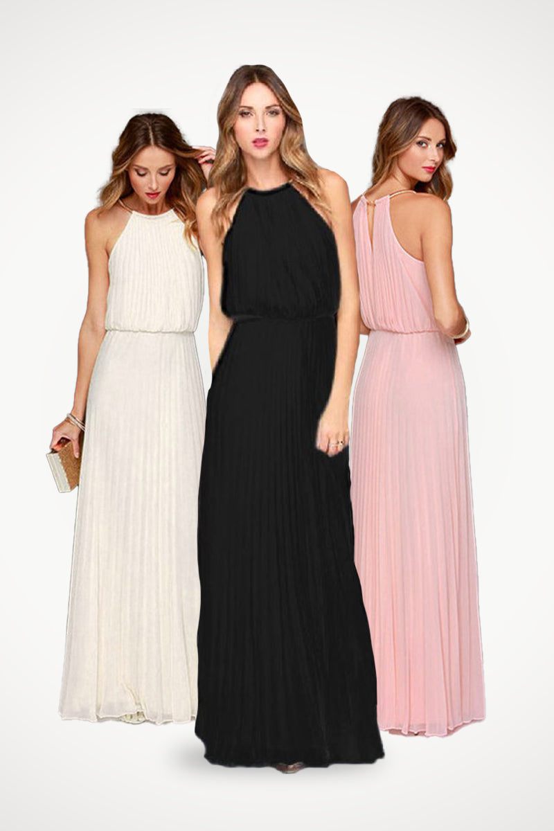Vestido maxi plisado sin mangas con cinturón