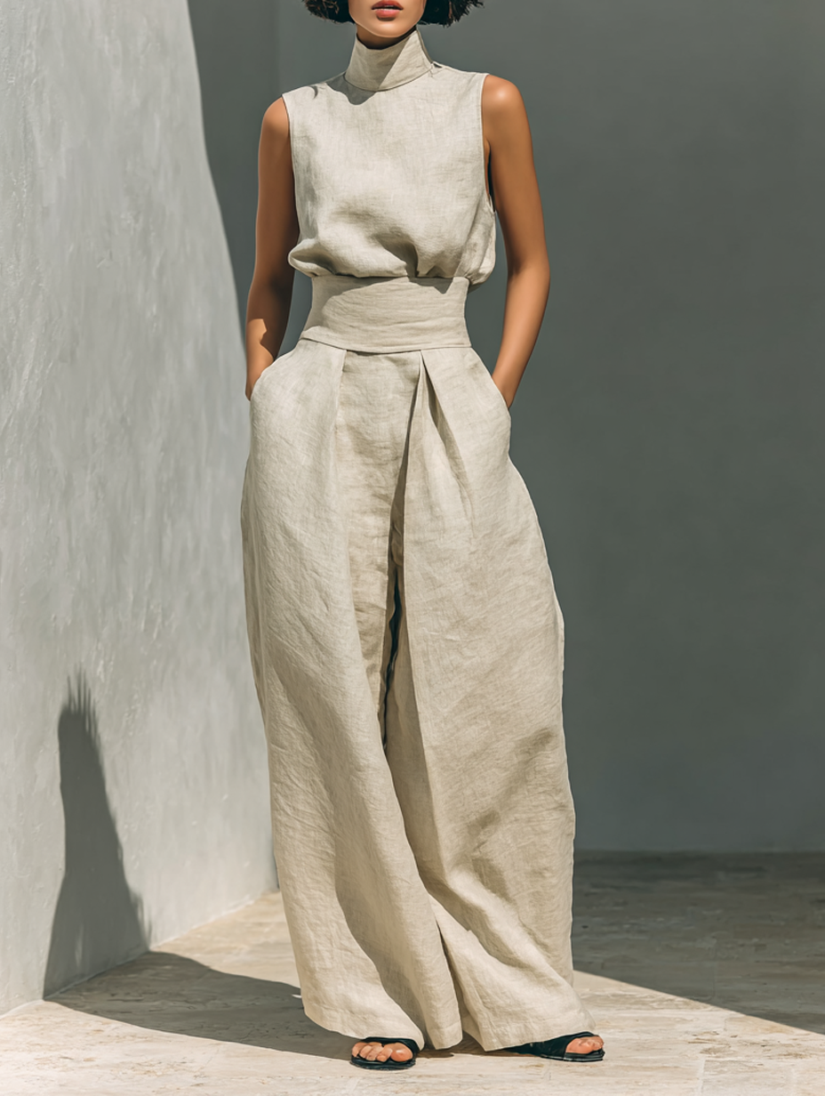 Inés | Conjunto minimalista de lino con top sin mangas y pantalón amplio