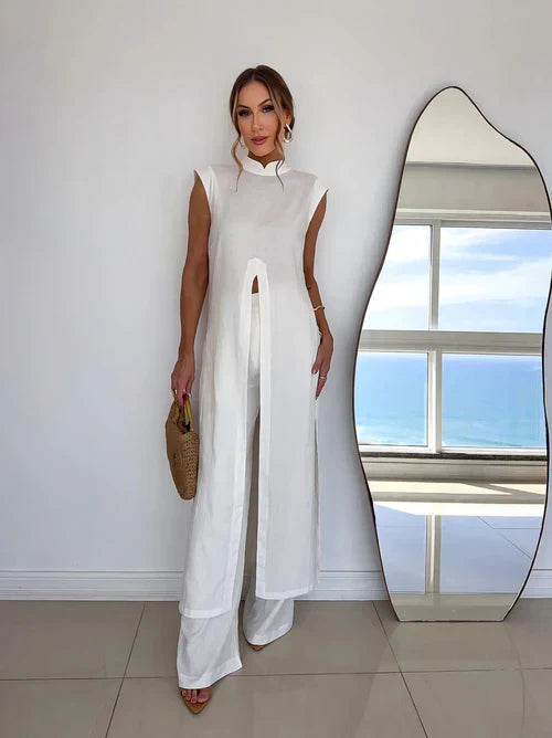 Benigna™ | Conjunto blanco: túnica con volante y pantalón