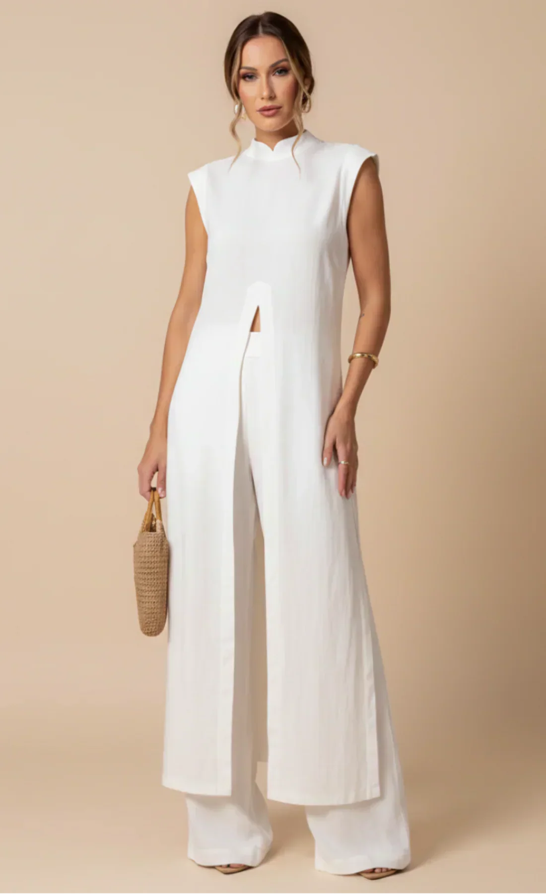 Benigna™ | Conjunto blanco: túnica con volante y pantalón