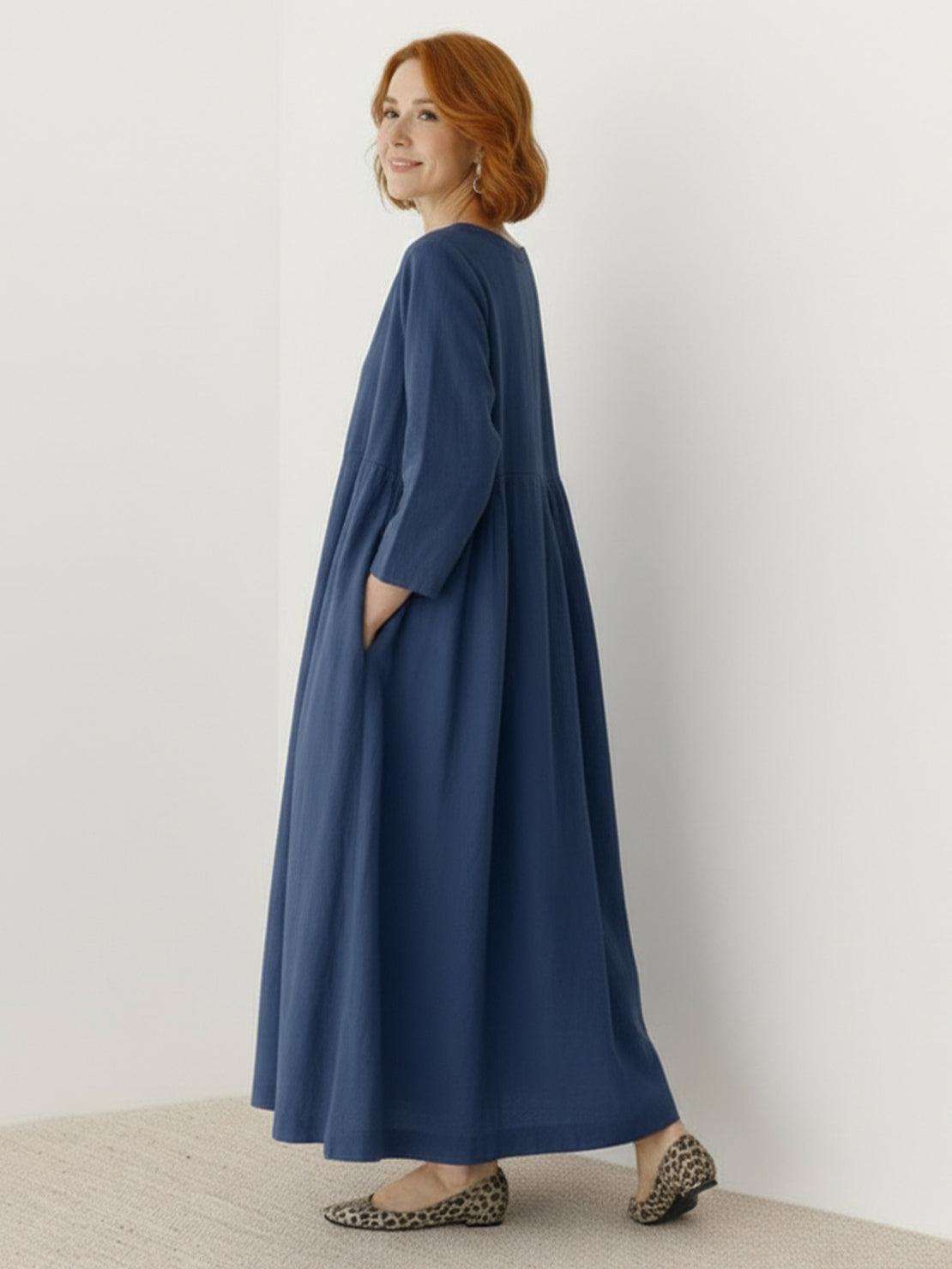 Vestido de cintura imperial 100% algodón-lino