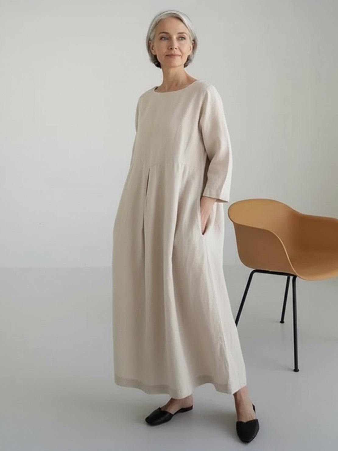 Vestido de cintura imperial 100% algodón-lino