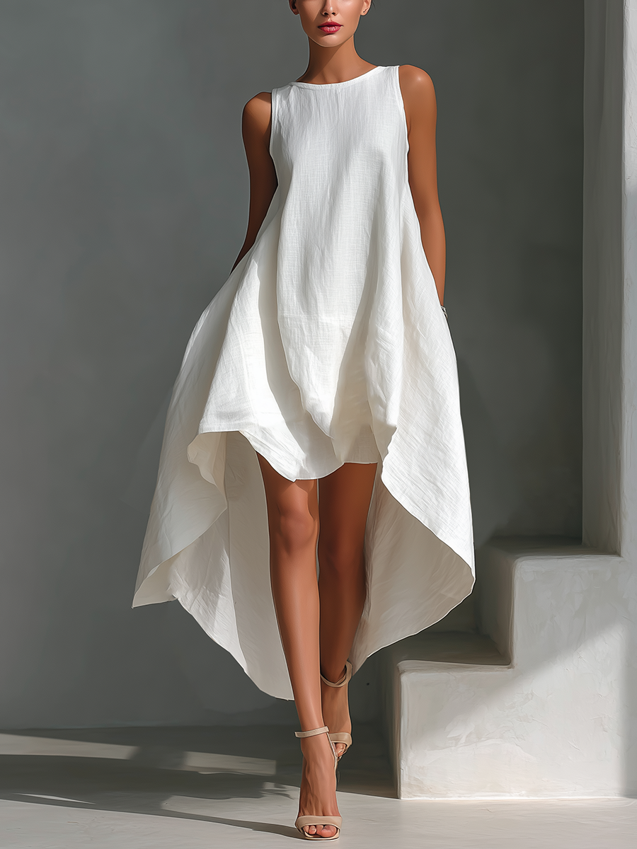 Elena | Vestido midi de lino blanco con corte asimétrico