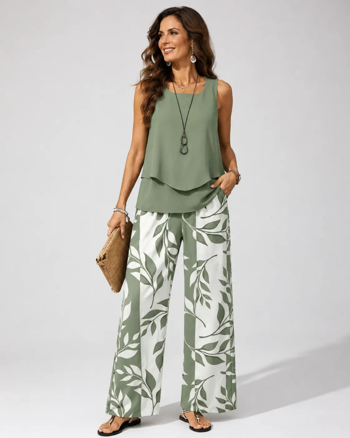 Petronila | Conjunto Verde Salvia Blusa y Pantalón Botánico