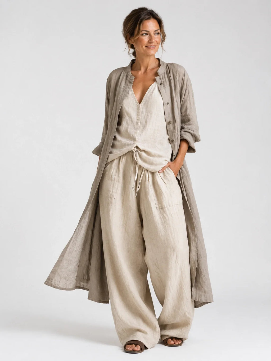 Eladia™ | Conjunto de Lino con Abrigo Largo