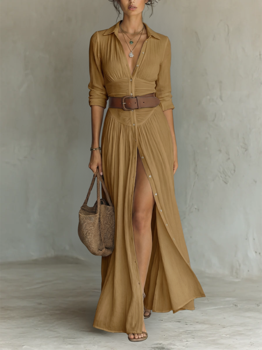 Elena | Vestido largo maxi para mujer con cuello de solapa y mangas largas en lino
