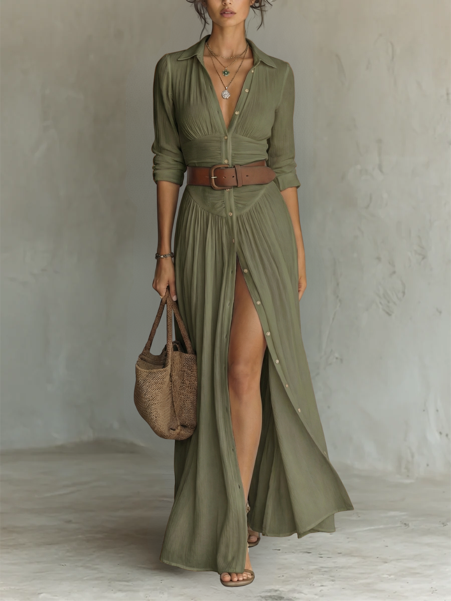 Elena | Vestido largo maxi para mujer con cuello de solapa y mangas largas en lino