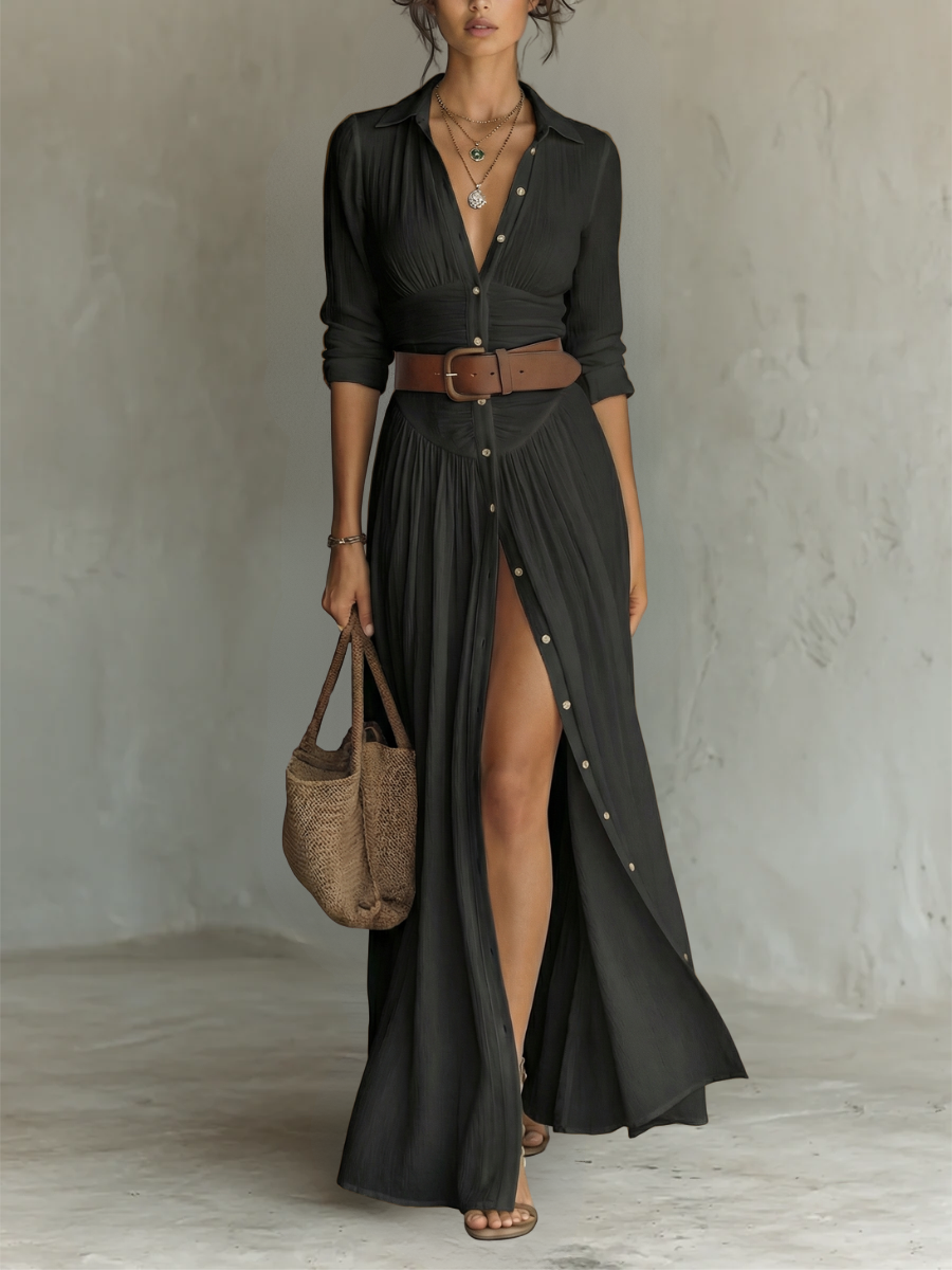 Elena | Vestido largo maxi para mujer con cuello de solapa y mangas largas en lino