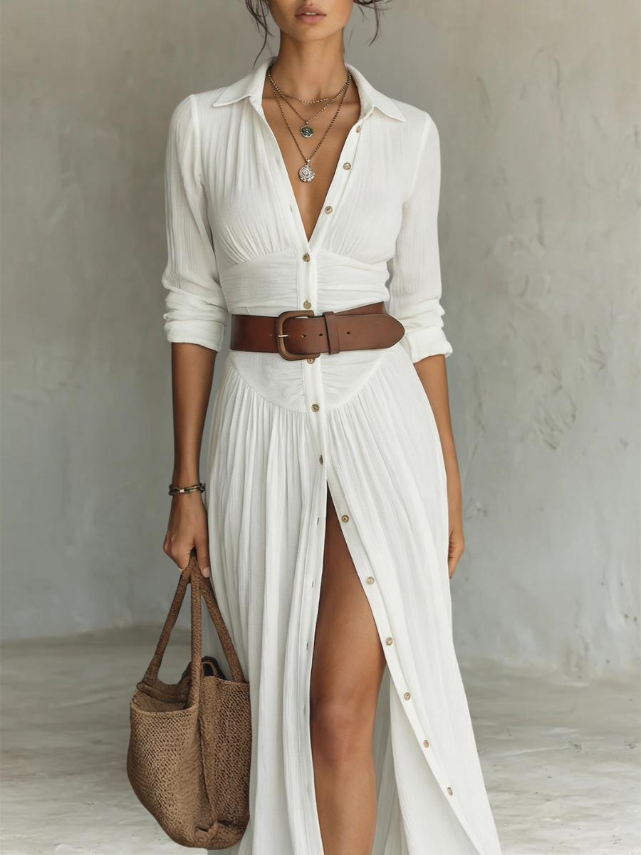 Elena | Vestido largo maxi para mujer con cuello de solapa y mangas largas en lino