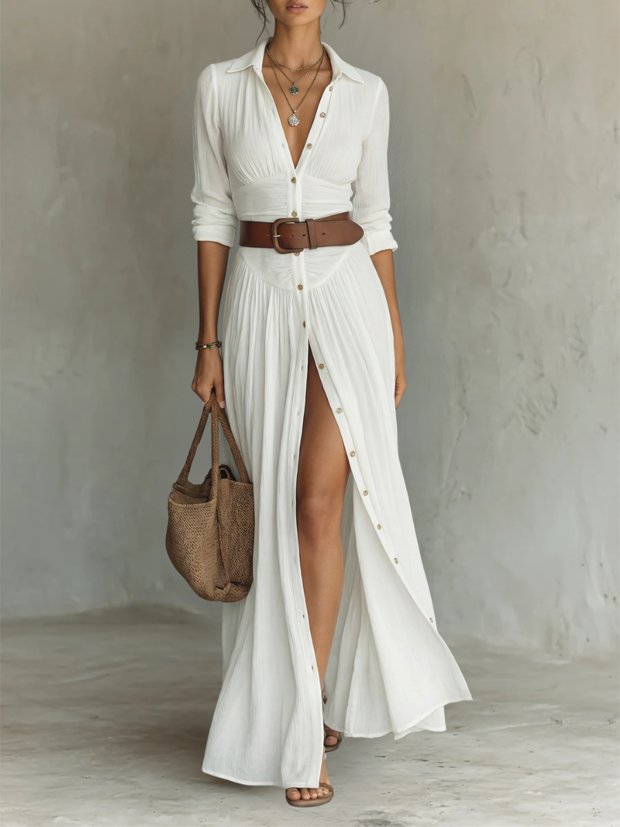 Elena | Vestido largo maxi para mujer con cuello de solapa y mangas largas en lino