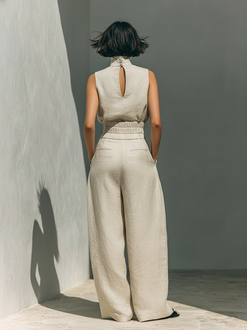 Inés | Conjunto minimalista de lino con top sin mangas y pantalón amplio