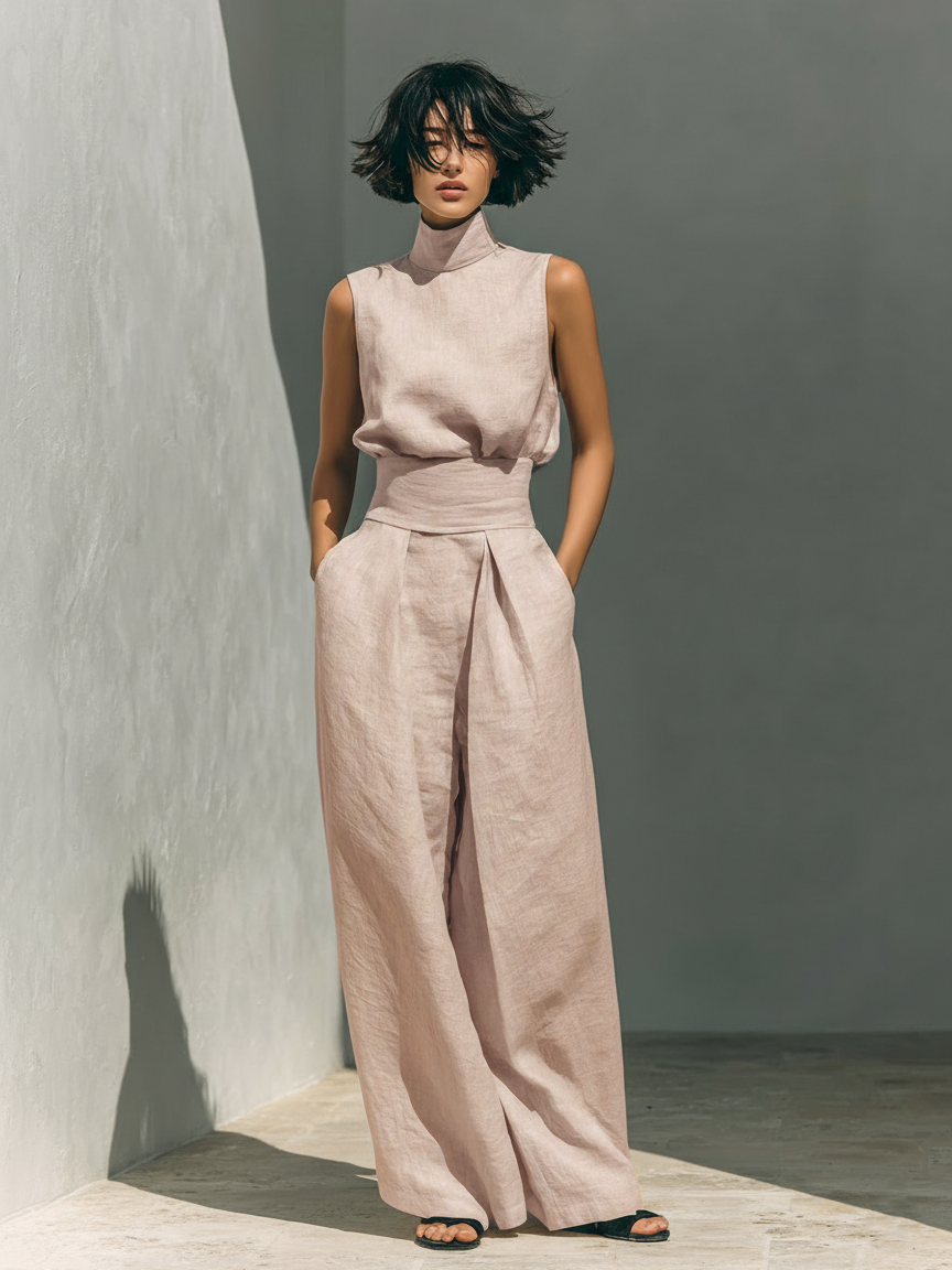 Inés | Conjunto minimalista de lino con top sin mangas y pantalón amplio