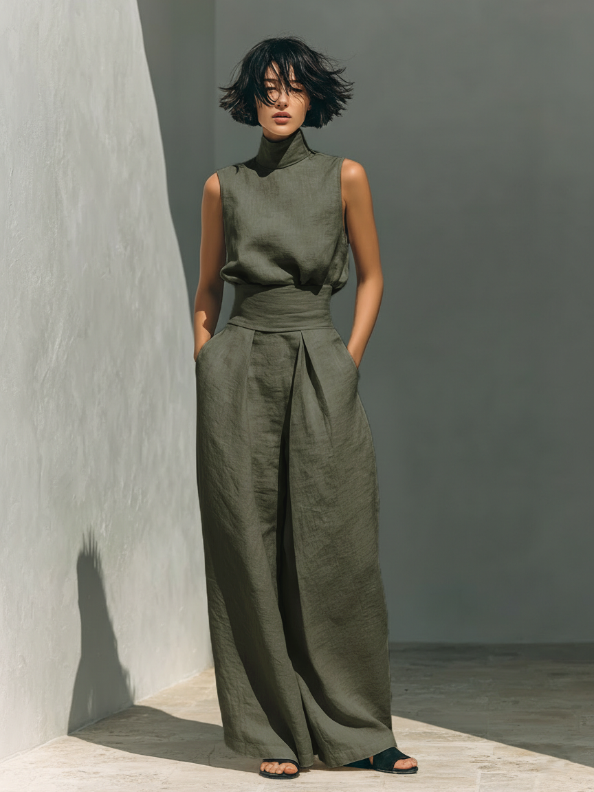 Inés | Conjunto minimalista de lino con top sin mangas y pantalón amplio