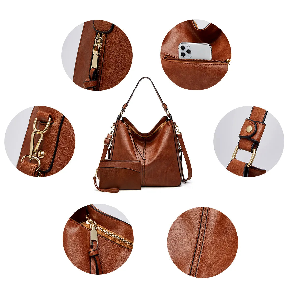 Bolso de mano de cuero de lujo antirrobo tipo hobo + Cartera pequeña GRATIS