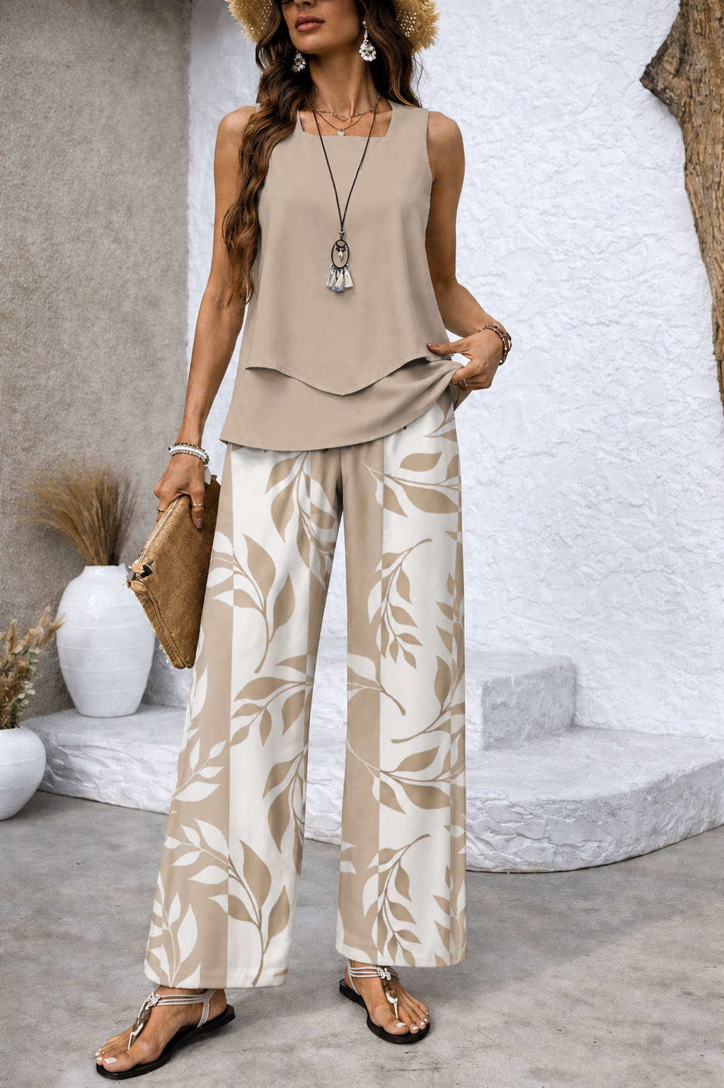 Ernestina™ | Conjunto Natural: Blusa Beige y Pantalón Botánico