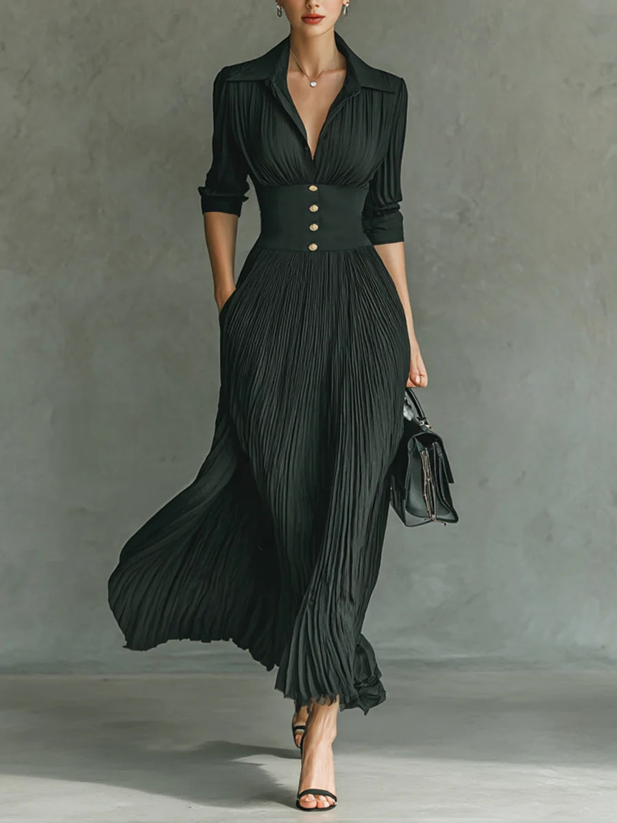 Elvira | Vestido largo plisado con solapa y cintura alta