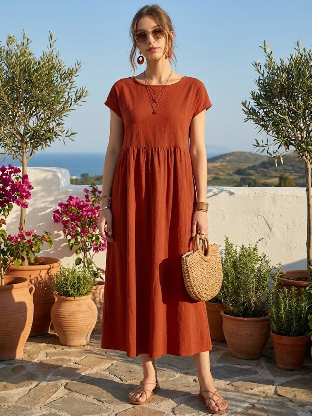 Vestido midi plisado con mangas tipo cap y volumen
