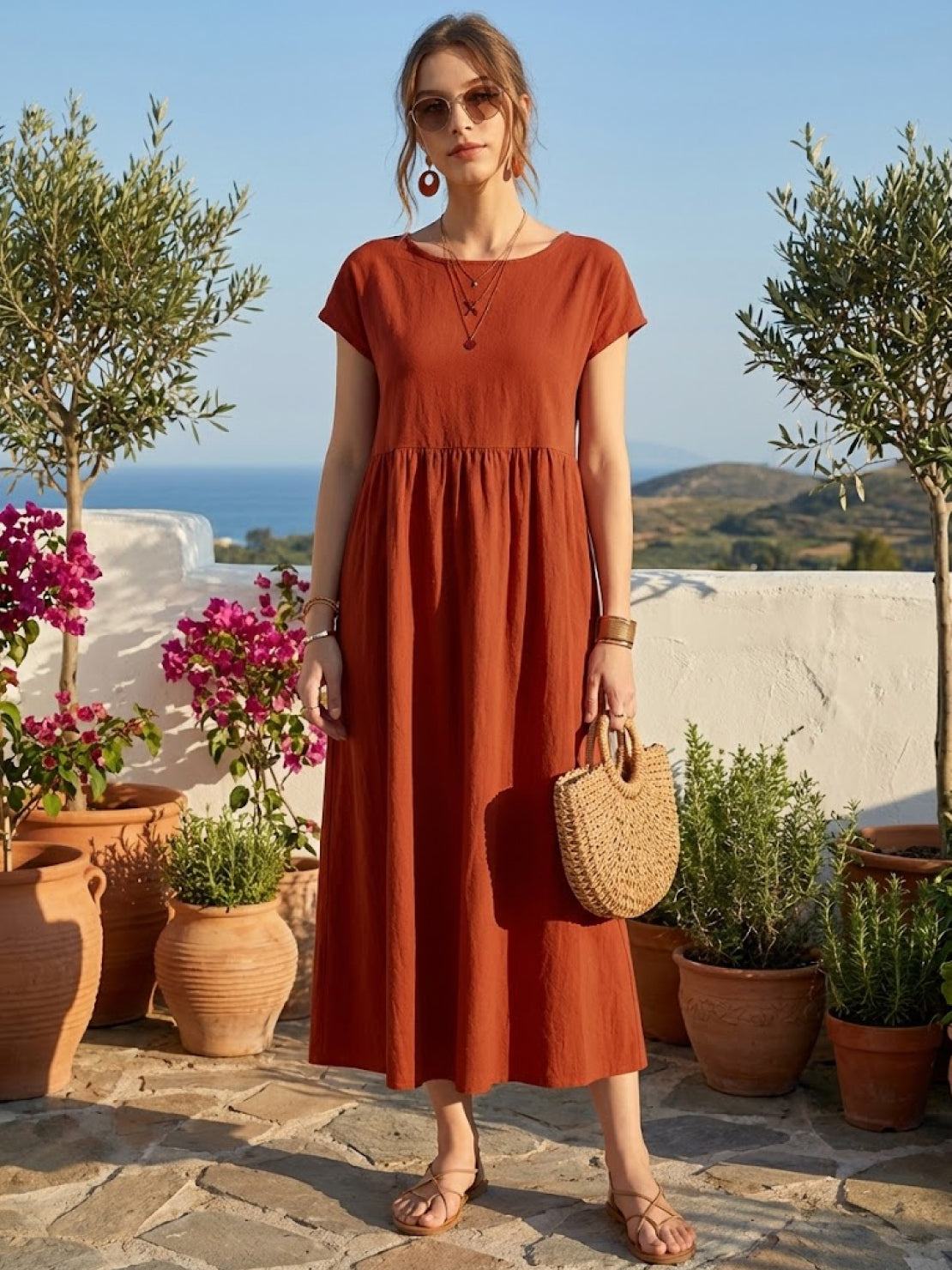 Vestido midi plisado con mangas tipo cap y volumen