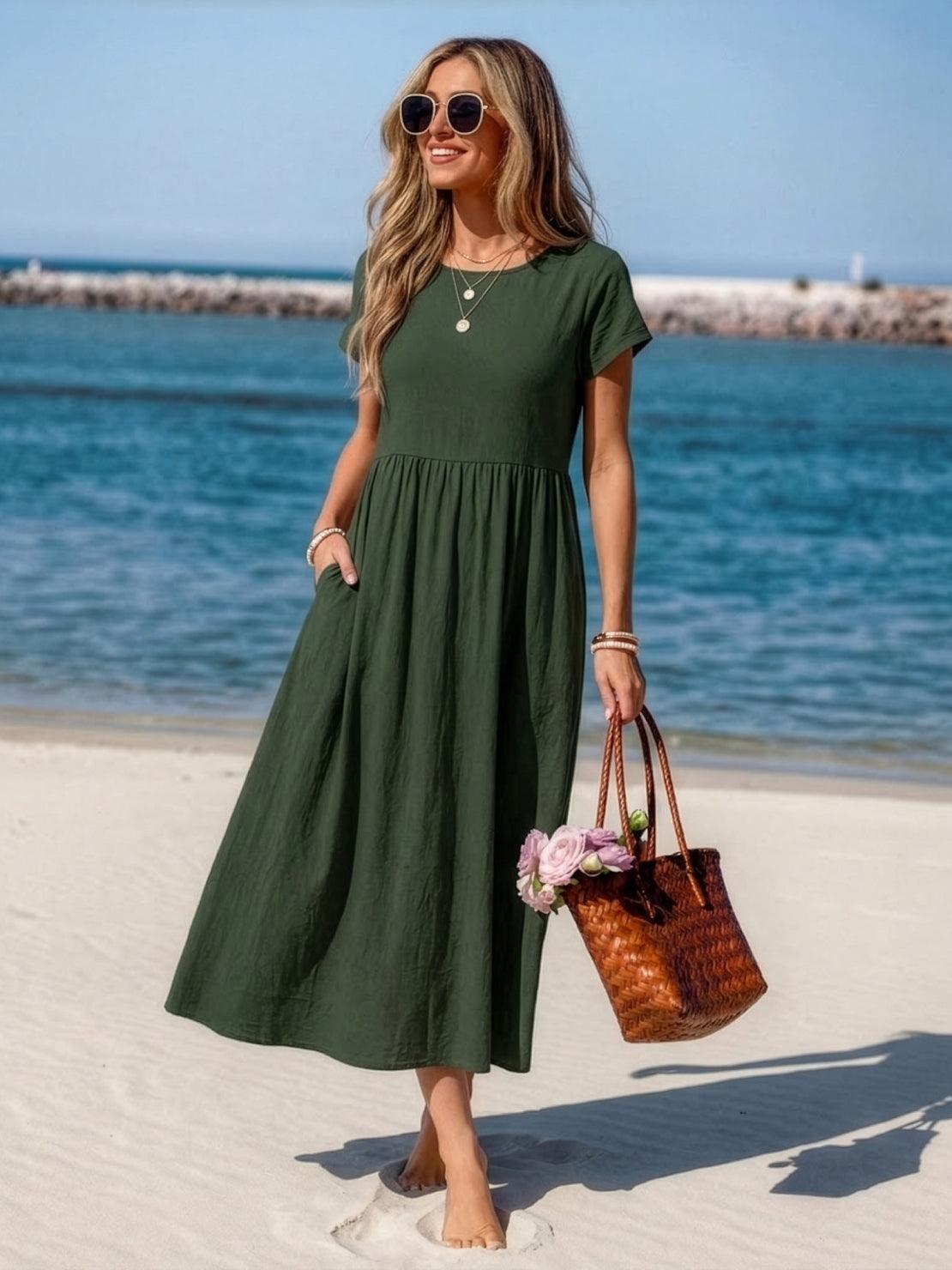 Vestido midi plisado con mangas tipo cap y volumen