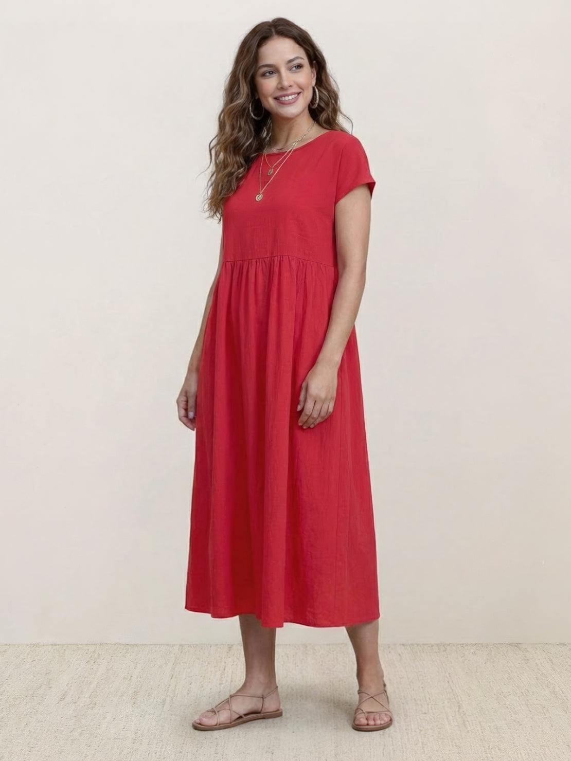 Vestido midi plisado con mangas tipo cap y volumen