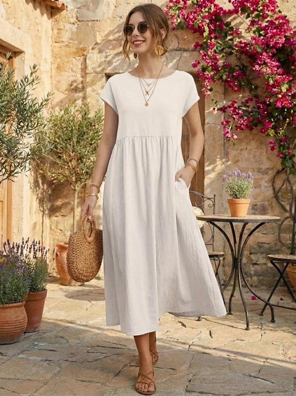 Vestido midi plisado con mangas tipo cap y volumen