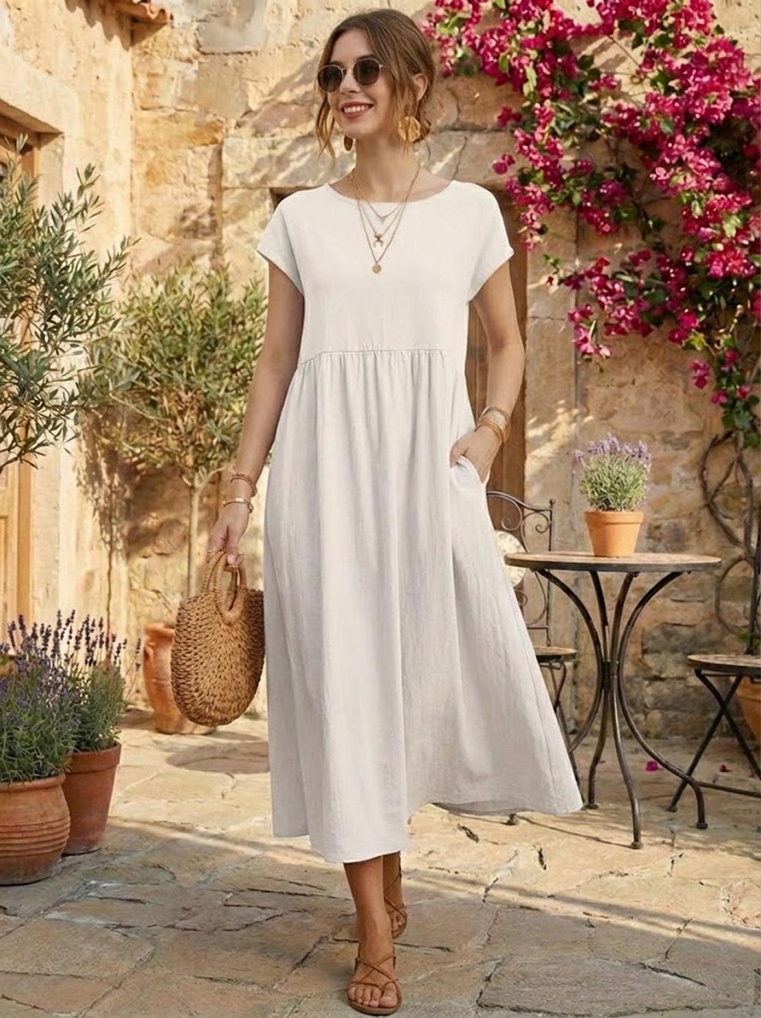 Vestido midi plisado con mangas tipo cap y volumen