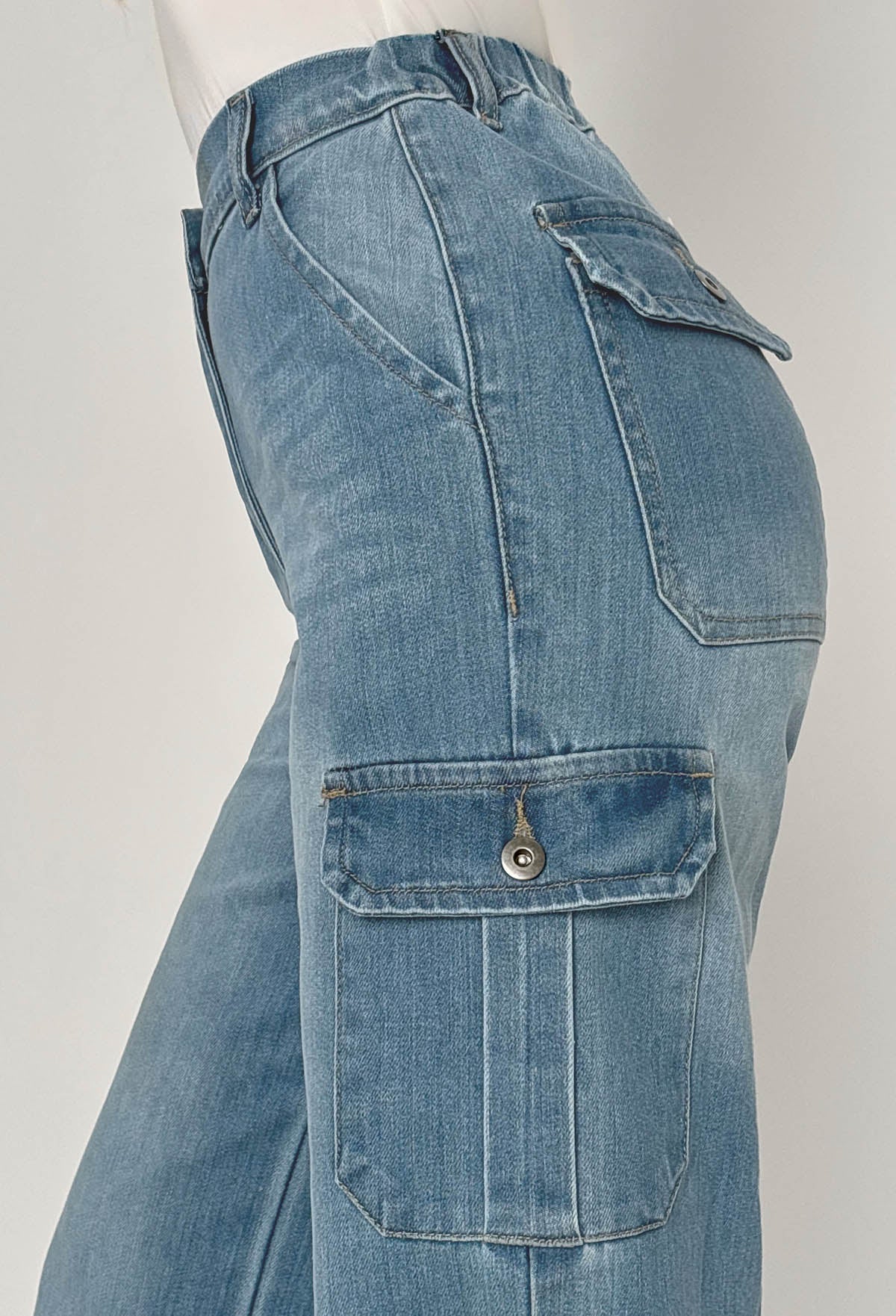 Denim Revolution Azul Medio Denim Cargo Jeans de Pierna Ancha con Elastano