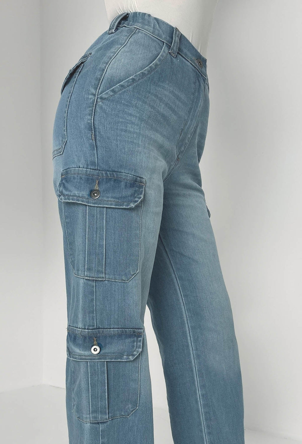 Denim Revolution Azul Medio Denim Cargo Jeans de Pierna Ancha con Elastano