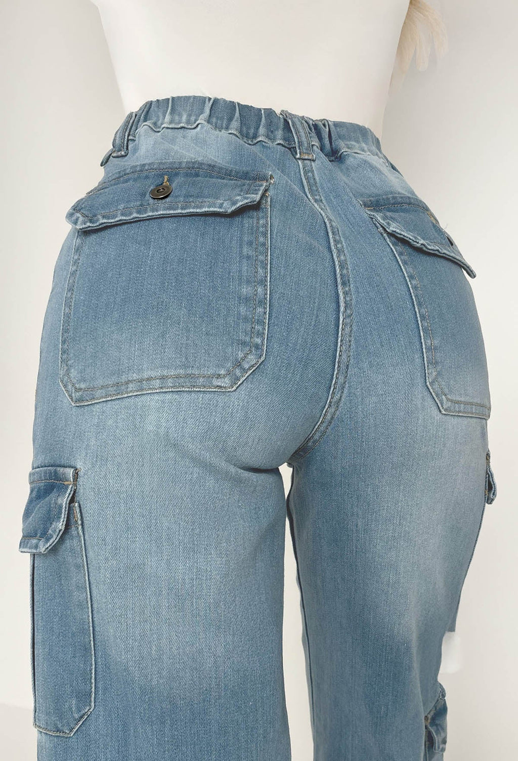 Denim Revolution Azul Medio Denim Cargo Jeans de Pierna Ancha con Elastano