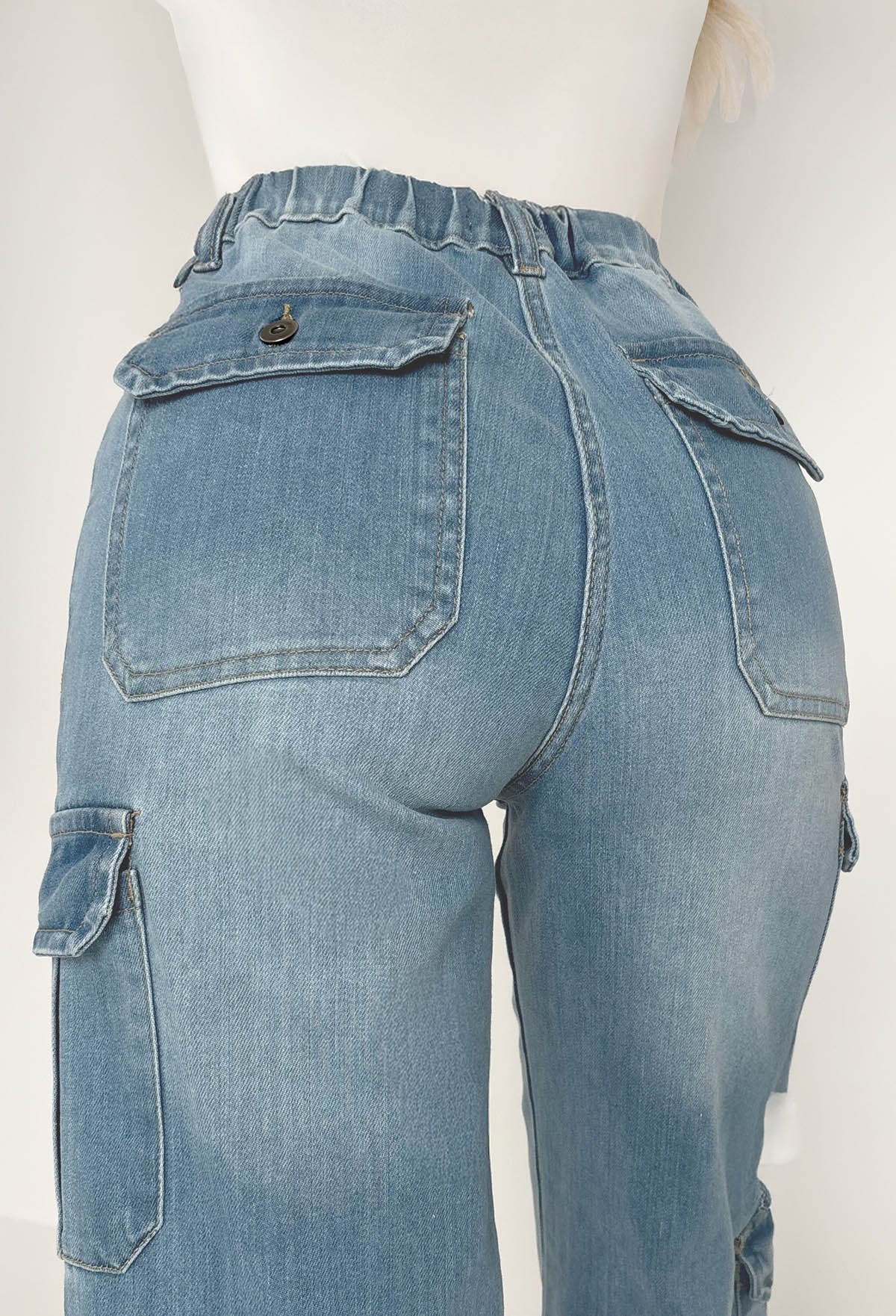Denim Revolution Azul Medio Denim Cargo Jeans de Pierna Ancha con Elastano