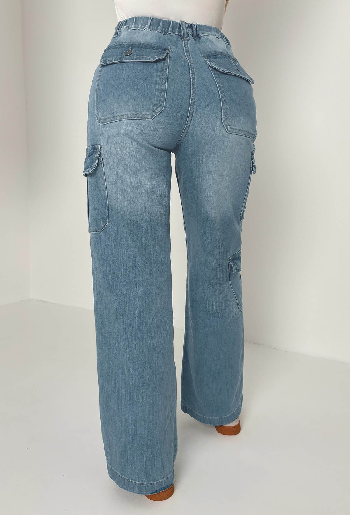 Denim Revolution Azul Medio Denim Cargo Jeans de Pierna Ancha con Elastano