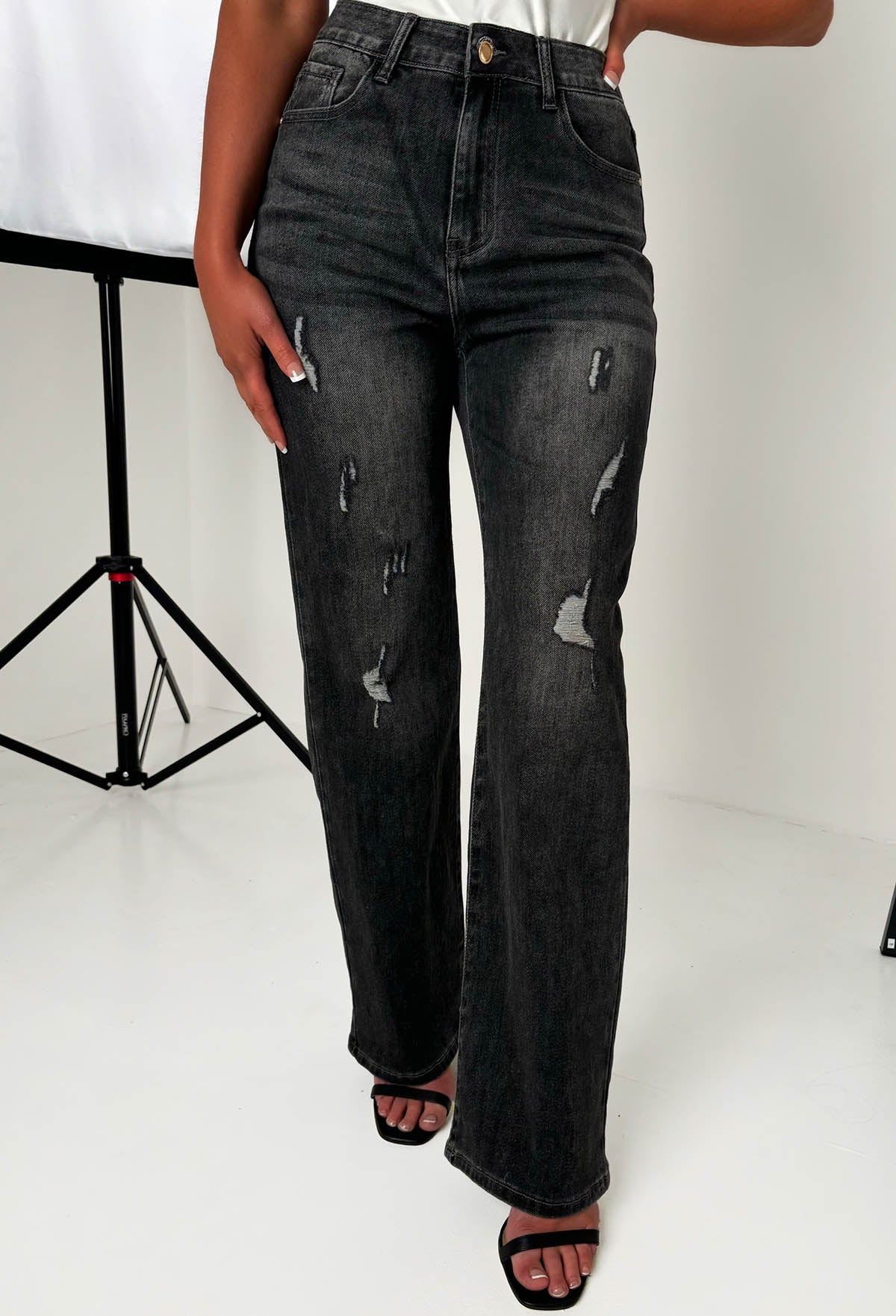 Vaqueros de denim negro con elastano, desgastados, de pierna recta