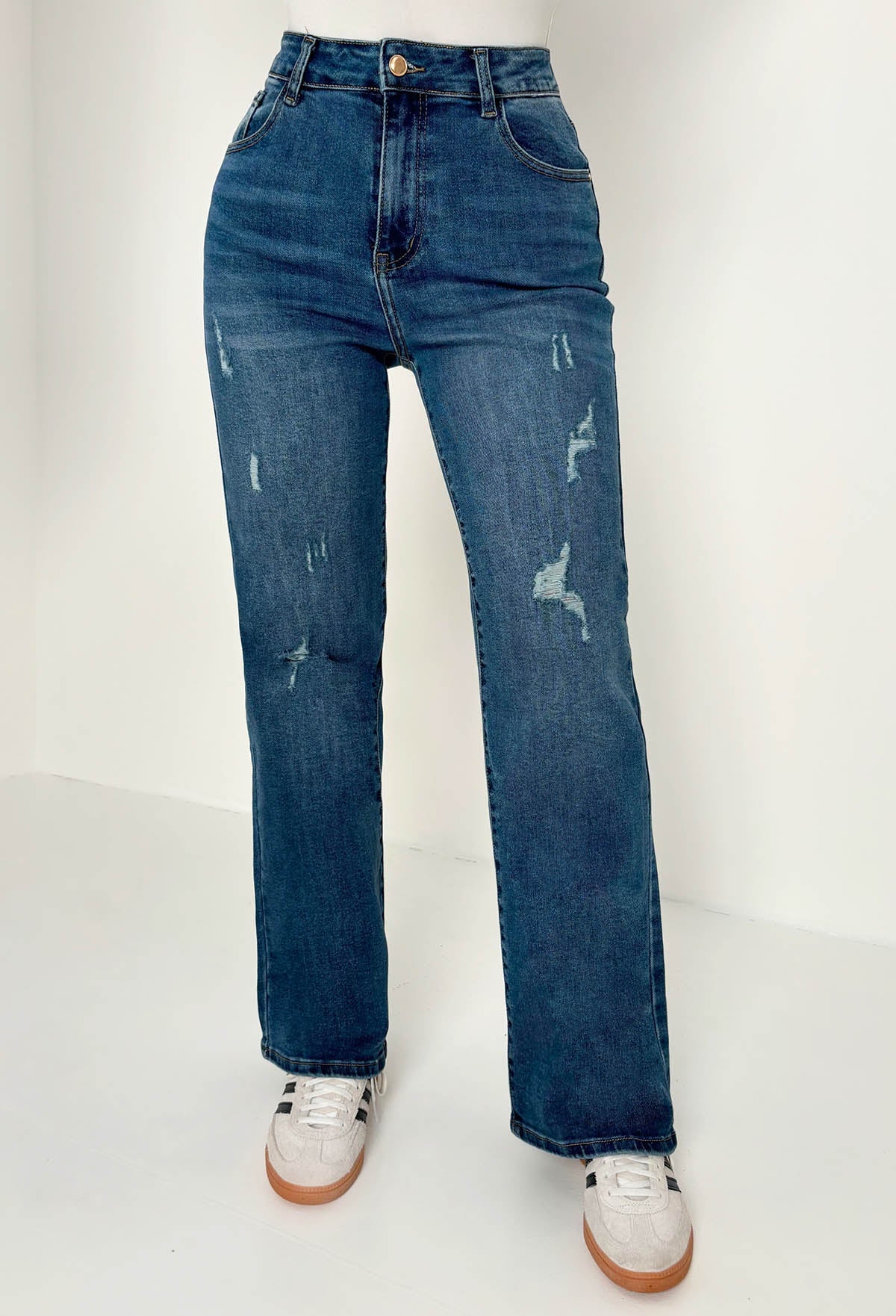 Escape In Denim vaqueros rectos de mezclilla azul medio con elastano y desgaste