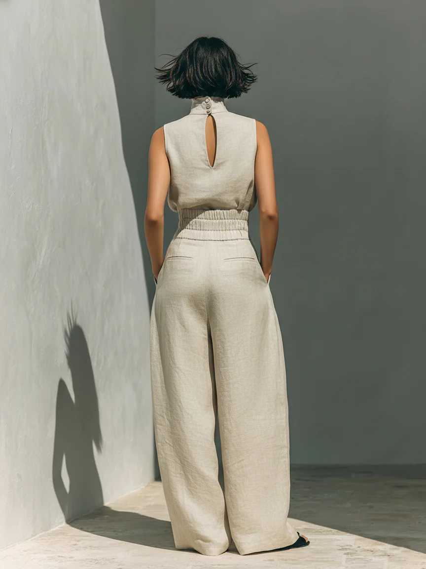 Aurora | Conjunto beige de dos piezas en algodón-lino con pantalón de pierna ancha