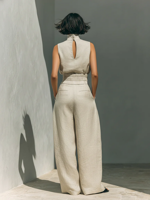 Aurora | Conjunto beige de dos piezas en algodón-lino con pantalón de pierna ancha