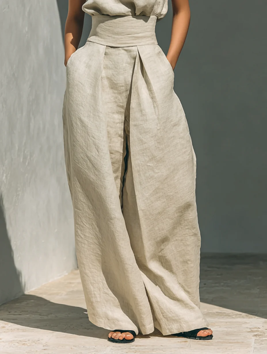 Aurora | Conjunto beige de dos piezas en algodón-lino con pantalón de pierna ancha