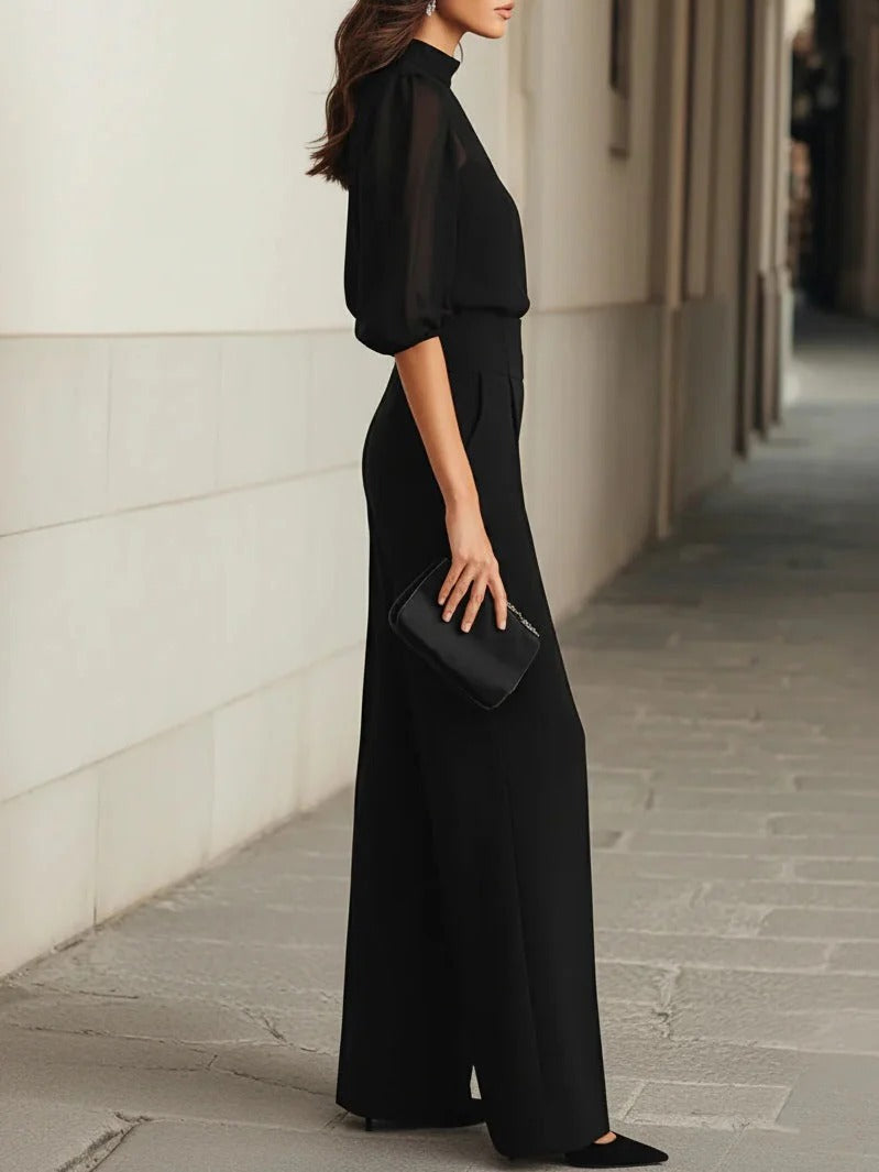 Sara | Set negro de tres piezas con top transparente y pantalón de pierna ancha