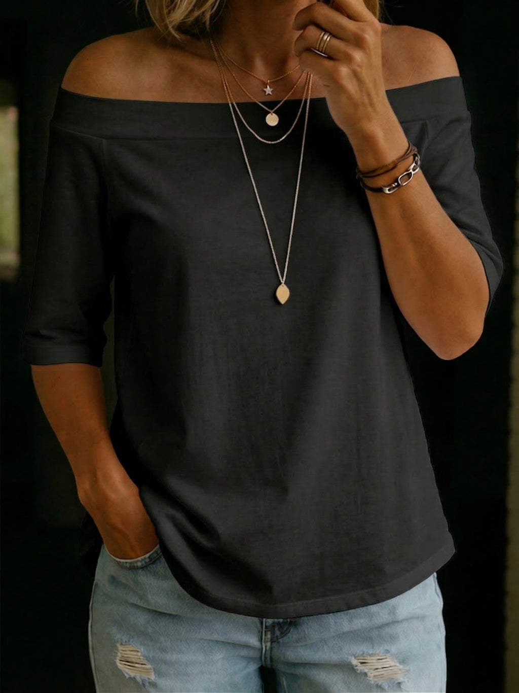 Camiseta de algodón 100% cómoda y elegante, de hombros descubiertos