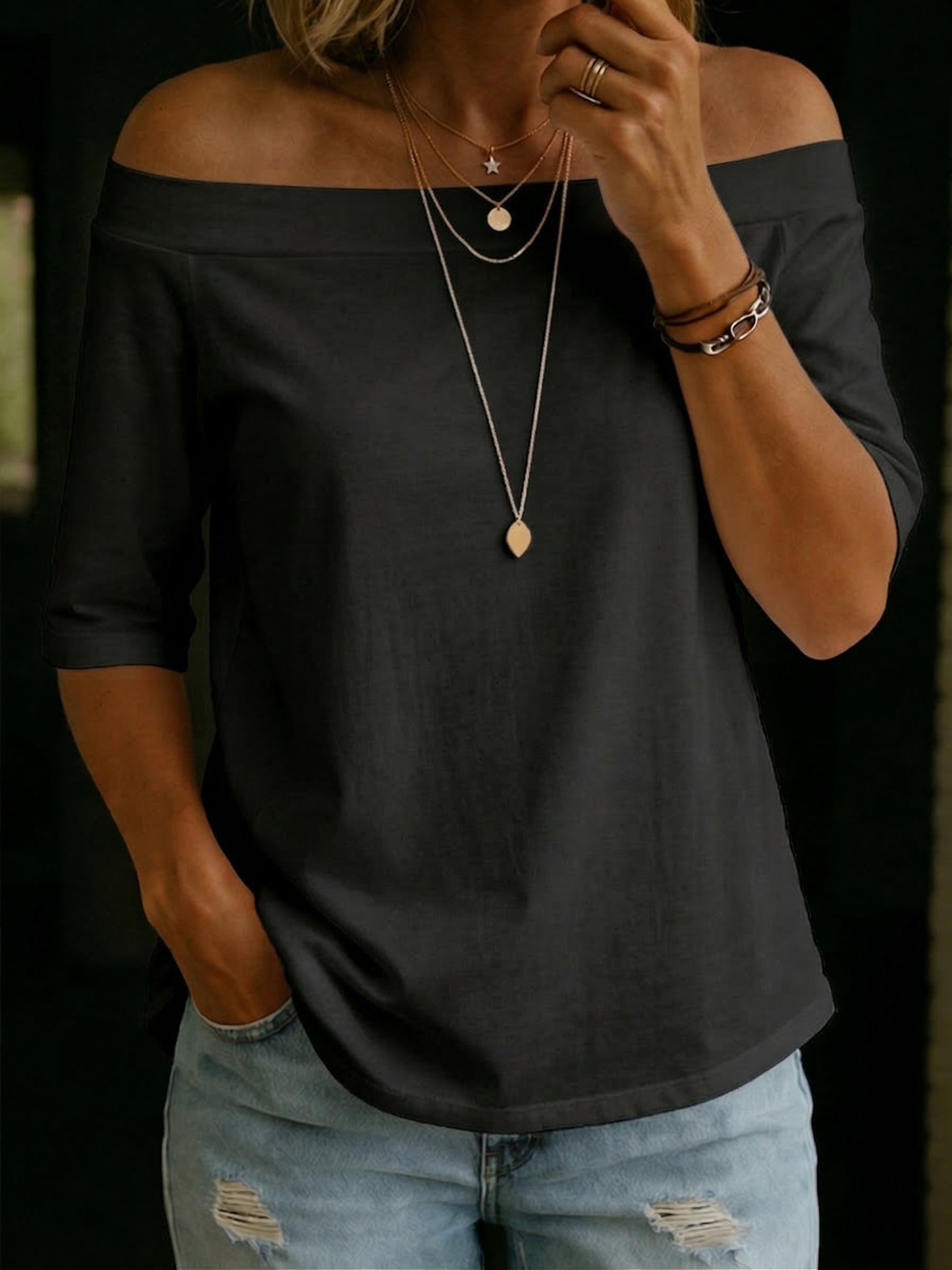 Camiseta de algodón 100% cómoda y elegante, de hombros descubiertos