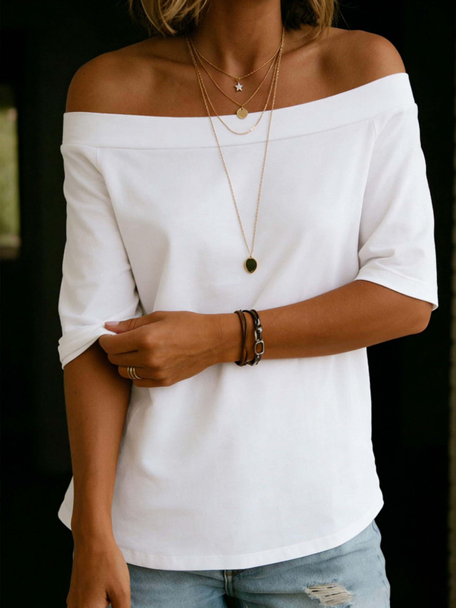 Camiseta de algodón 100% cómoda y elegante, de hombros descubiertos