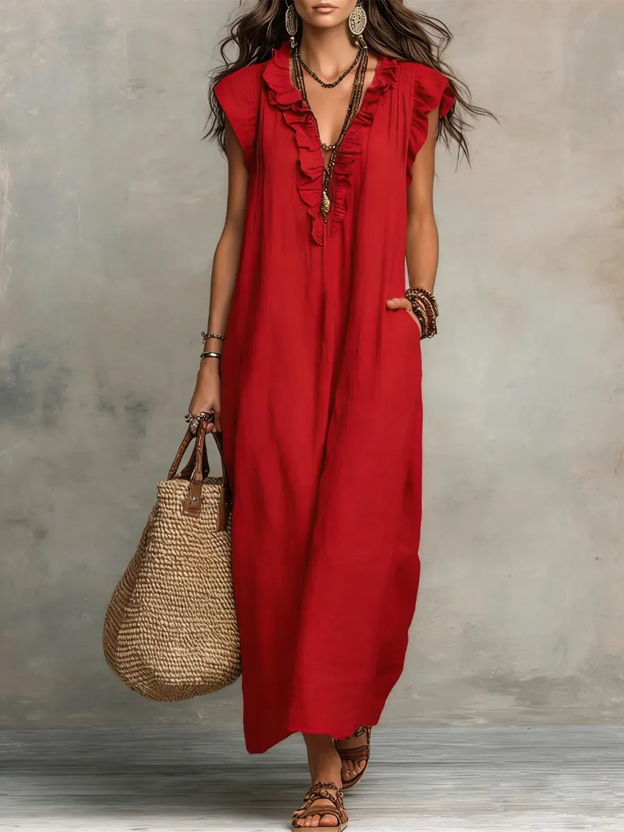 Noelia | Vestido casual de lino y algodón de color sólido con volantes para mujer