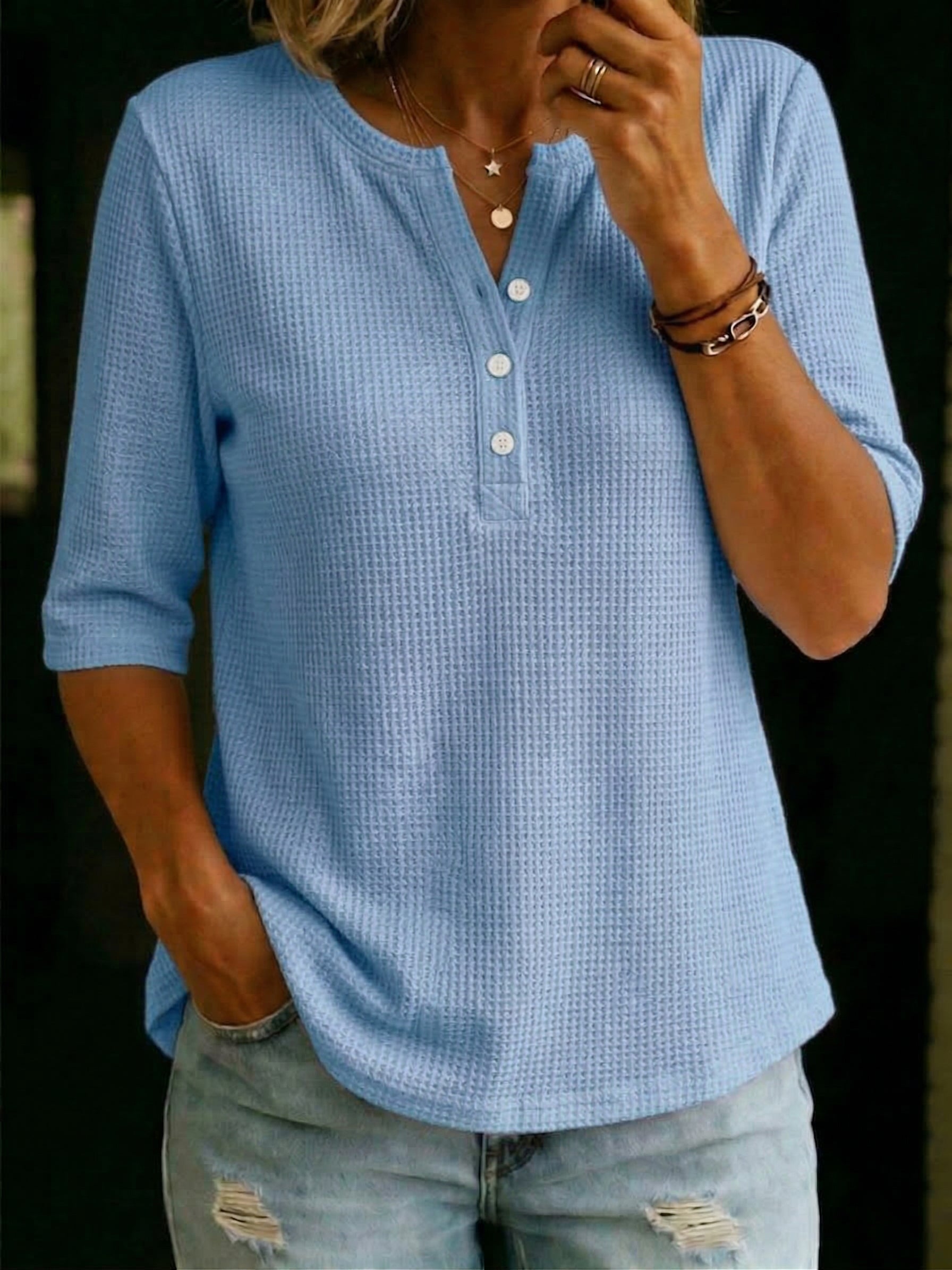 Camiseta casual de punto waffle con cuello Henley